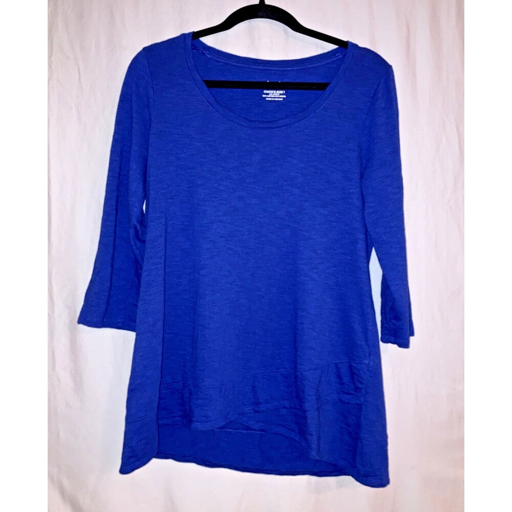 Chicos The Ultimate Tee Women's 1 M Blue 3/4 Sleeve Round Neck Double Hem Tunic